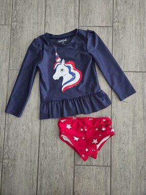 Cat & Jack Girls Rash Guard Swimsuit Bikini Long Sleeve Navy Unicorn USA 4T